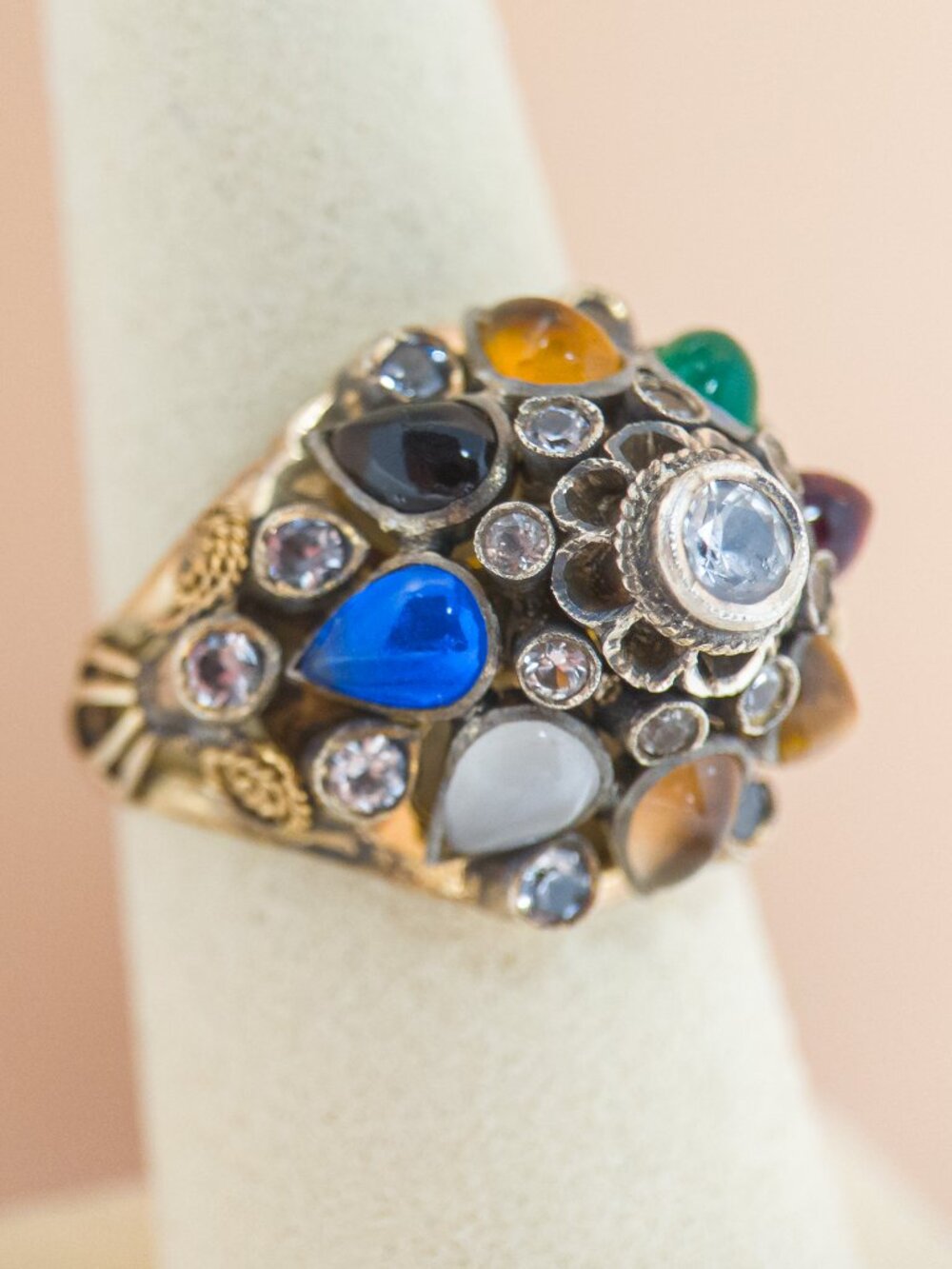 Vintage 14K Gold Thai Harem Princess Dome Ring, Multi-Gemstone, Size 7